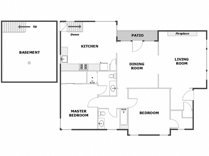 Floor plan for 2 beds, 2 baths, 1250 sqft